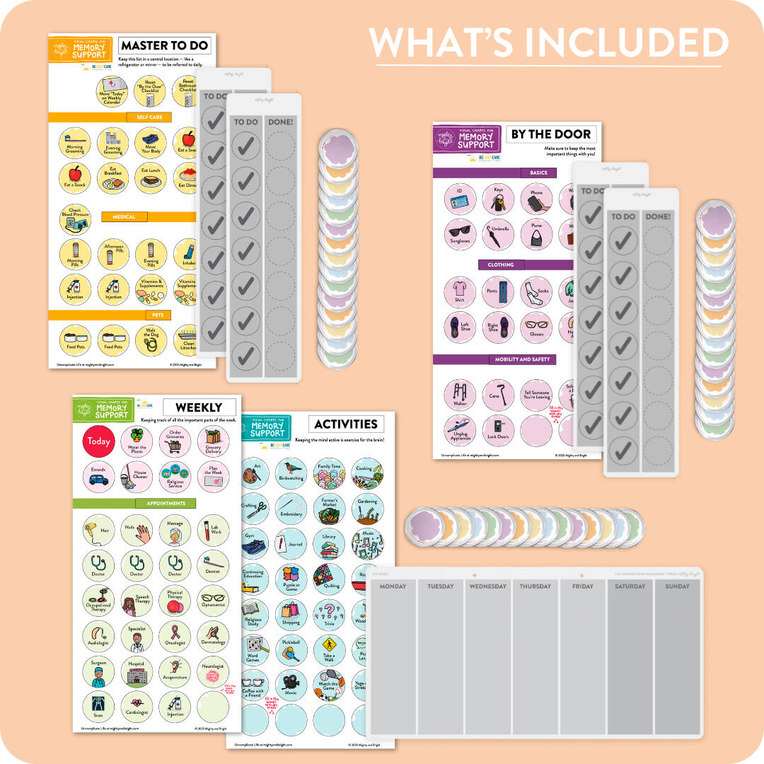 What's included in the full bundle for memory support from Mighty + Bright: Master to do chart, By the door checklist, and weekl What's included in the full bundle for memory support from Mighty + Bright: Master to do chart, By the door checklist, and weekly calendar.